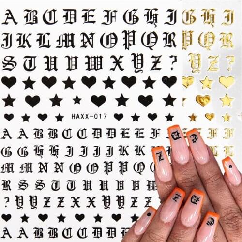 1pcs ABC Letter Nail Stickers Old English Font Transfer Decals Slider 3D Gold Black White Nail Art Decorations Manicure Wraps