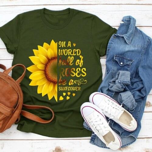 2021 Plus Size 5XL New Fashion Pink Tee Shirts Short Sleeve O Neck Sunflower Letters for Women New Tshirts Casual Tops Shipping