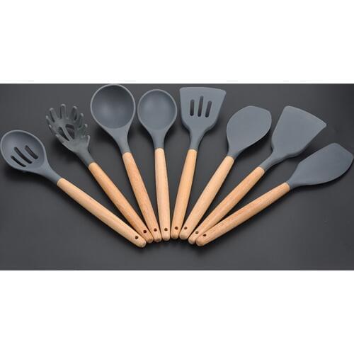 8pcs/set Wooden Handle Food Grade Silicone Kitchen Tools Non-stick Slotted Turner Spatula Ladle Spoon Set Kitchen Utensils