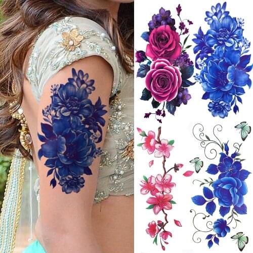 Watercolor Flower Temporary Tattoos For Women Girl Cherry Dahlia Daffodil Rose Tattoo Sticker Fake Body Art 3D Tatto Half Sleeve