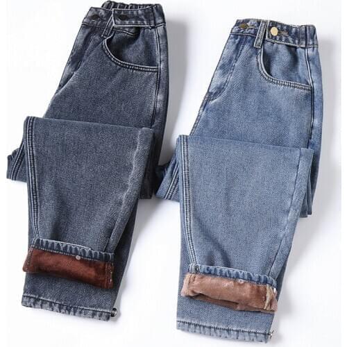 2021 New Winter Thick Fleece Warm Loose mom harem pants Women High waist casual streetwear female blue denim pants Plus size