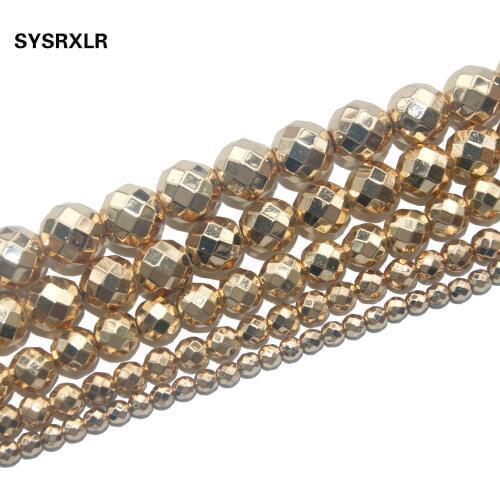 Natural Stone Beads Faceted KC Golden Hematite Round Loose Beads For Jewelry Making Diy Bracelet Necklace 4 6 8 10 12 MM Strand