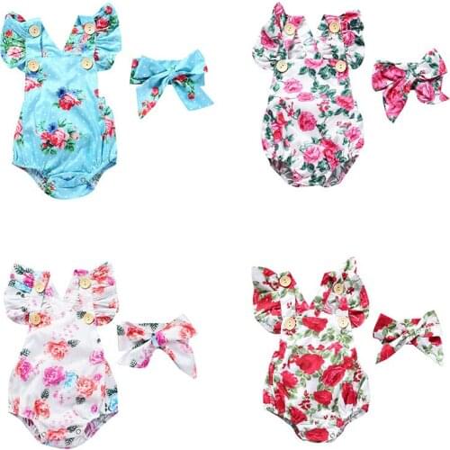 Newborn Baby Girls Clothes Flower Print Short Sleeve Round Neck Bodysuit Bowknot Headband 2pc Infant Cute Casual Summer Set