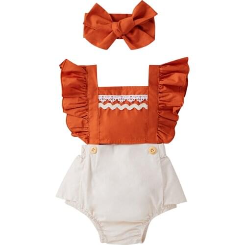 0-24M Newborn Lovely Babys Romper Sleeveless Pleated Cuff Triangle Romper Bow-knot Hairband
