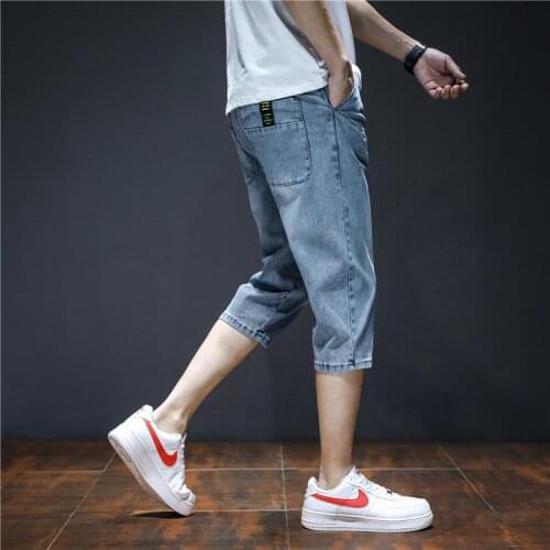 Summer Mens Stretch Thin Jeans Calf-Length Pants Fashion Casual Denim Pants Slim Fit Elastic Waist Drawstring Denim Shorts Male