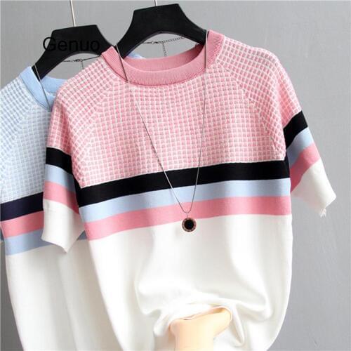 Plaid T Shirt Women Striped Tshirt Knitted Cotton 2020 Korean T-Shirt Woman Clothes Tee Shirt Femme Camisetas Mujer