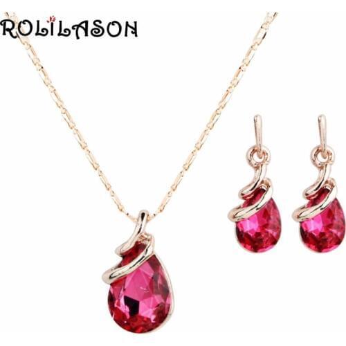 ROLILASON Pink Crystal Zircon Rose Gold Set Spring Carnival Pendant Necklace Earrings Romantic Valentines Day Gift JS827