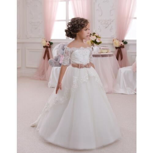Beauty Emily White/Ivory Lace Flower Girl Dresses 2018 for Weddings Party Gown First Communion Dresses for Girls Lace up