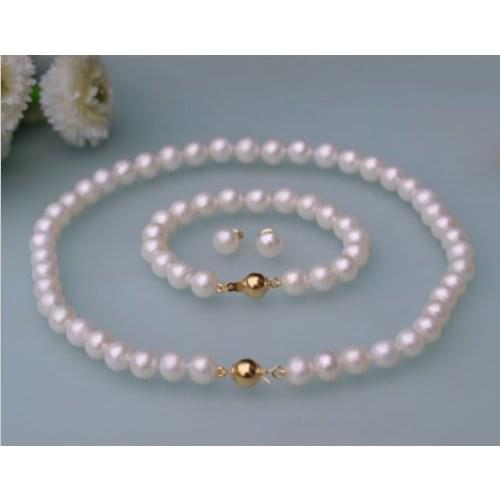 Set 8-9mm white round Freshwater genuine cultured Pearl necklace bracelet earring