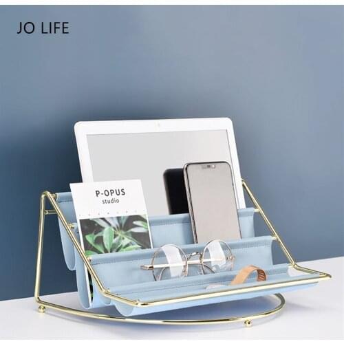 JO LIFE Ironwork Multi-layer Leather Tabletop Storage Rack Nordic Style Office Stationary Desktop Phone Rack