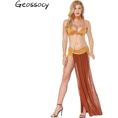 New Sexy Carnival Cosplay Princess Arab Sexy Lingerie Leia Slave Costume Dress Gold Bra and Neck chain Halloween Fancy Dress