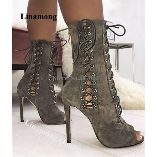 New Fashion Women Peep Toe Suede Leather Stiletto Heel Short Gladiator Boots Cut-out Green Black Lace-up High Heel Boots Heels