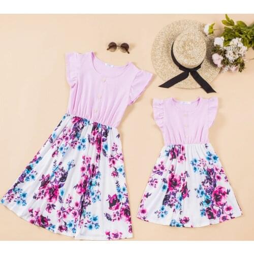 Parent-child Wear Euro-American New Fashion Casual Printed Dress Lotus Leaf Sleeves Parent-child Wear for Mother and Daughter