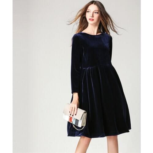 Autumn Women Elegant Velvet A Line Midi Dress O-Neck Full Sleeve Pleated Dress Female Vintage Party Vestidos Plus Size M-8XL