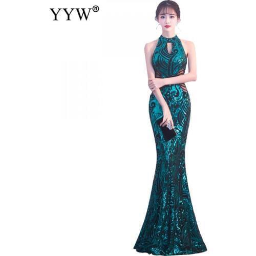 Green Geometric Sequined Long Mermaid Dress Women Elegant Fashion Party Evening Dress Sleeveless Hollow Bodycon Sexy Club Dress
