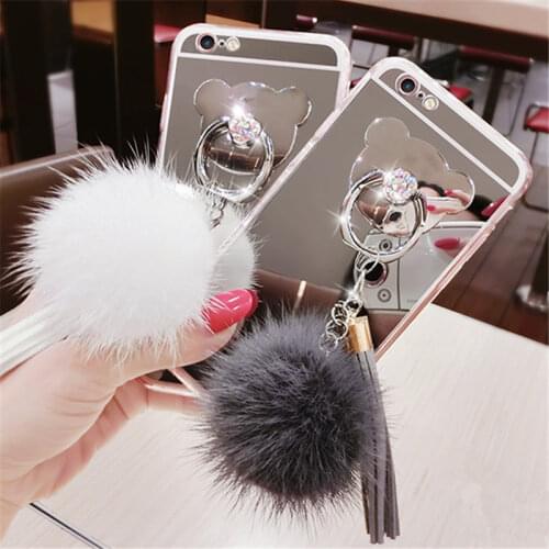 For iphone 11 12 pro mini X 6 6S 7 8 Plus Xs Max XR Luxury Fur ball Tassels Mirror cover Bear finger ring Sof Bling Case
