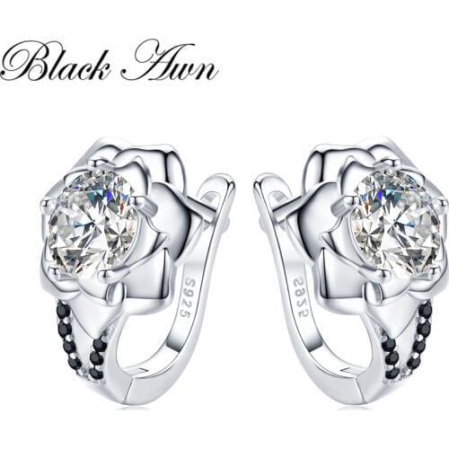 Black Awn 925 Sterling Silver Round Black Trendy Spinel Engagement Flower Hoop Earrings for Women Fine Jewelry Bijoux I152