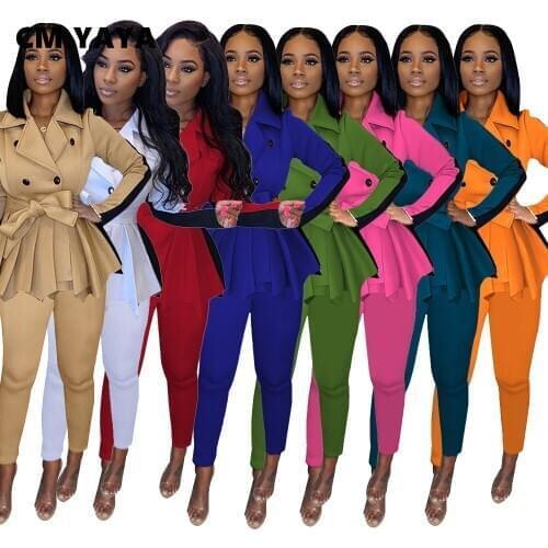 CM.YAYA Activewear Womens Set Splicing Pleated Blazer Tops Legging Pants Set Office Lady Tracksuit Fitness Two Piece Set Outfit