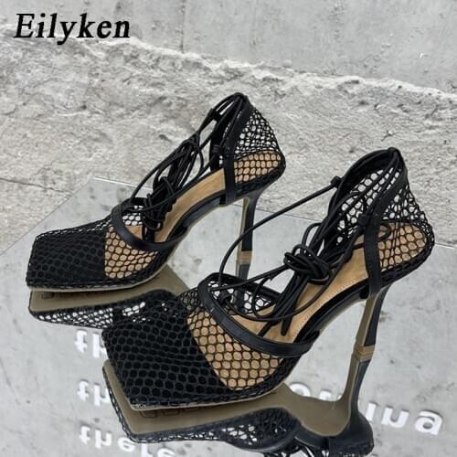 Eilyken Sexy Hollow Out Mesh Women Pumps Lace-Up Sandals Female Square Toe High Heel Summer Fashion Ankle Strap Party Dress Shoe