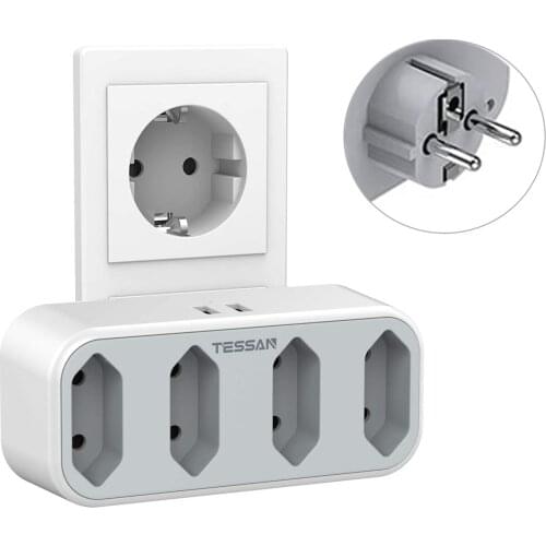 TESSAN EU Plug Sockets Power Strip with 2 USB Ports 4 EU Outlets Travel Adapter 110~250V 2500W Multi Outlet Expander