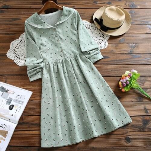 Japan style mori girl cute kawaii vestidos new autumn fashion long sleeve print corduroy dress