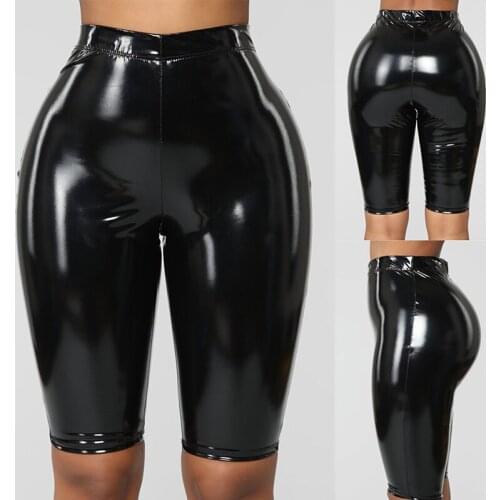 Women Sexy Wet Look PU Leather Capri Shorts Clubwear High Waist Skinny Shorts Knee Length