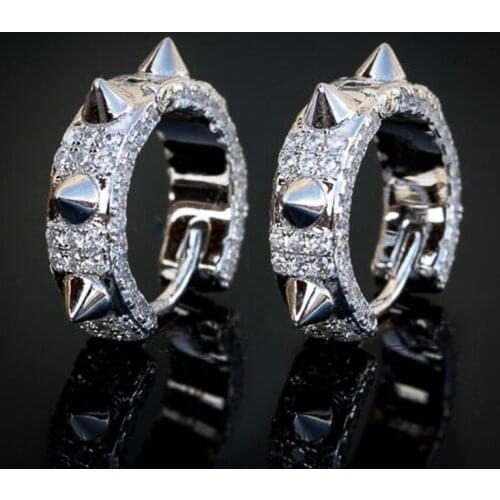 Hiphop Rivet Small Hoop Earrings for Women Shiny Cubic Zirconia Stylish Female Accessories Silver Color Geometric Jewelry
