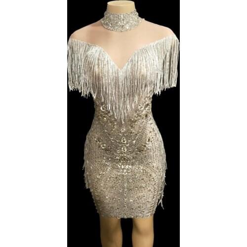 Women Sexy Mesh See Through Fringes Dress Sparkly Crystal Birthday Celebrate Dresses Evening Prom Party Sleeveless Tassel Outfit