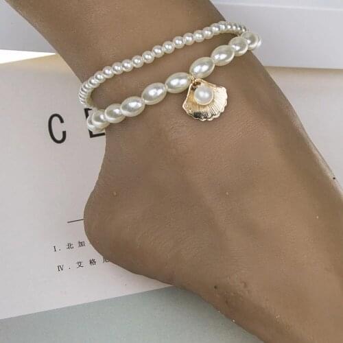 2 Pieces/Set Sexy Fashion Shell Pendant Pearl Beaded Anklet For Women Bohemian New Summer Beach Party Anklet Jewelry Accessories