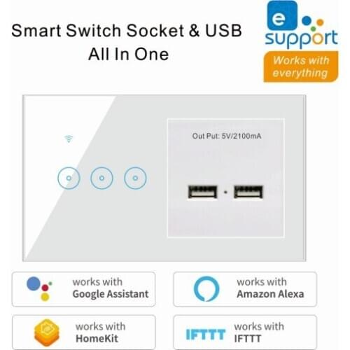 2 In 1 Wall Smart Switch Socket Tempered Glass Touching Button Wall Smart Light Controlling Panel