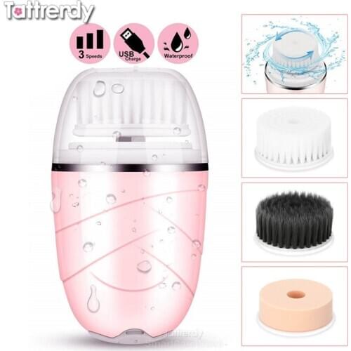 Sonic face brush 4 heads silicone facial cleansing skin cleaning machine vibrate spinning face brush ultra sonic skin cleaner