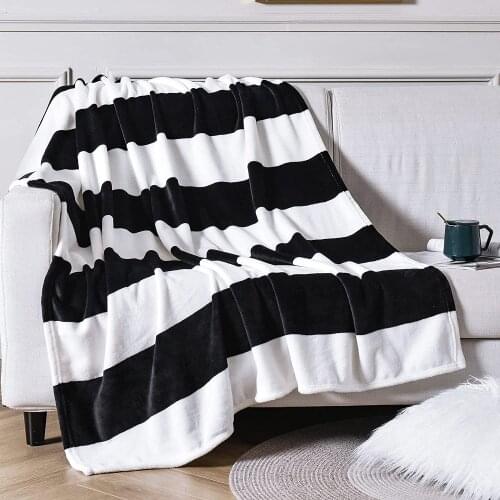 Large Flannel Fleece Plush Blanket Throw Size Black and White Stripe Lightweight Blanket Super Soft Cozy Microfiber Blanket for