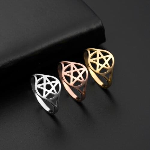 COOLTIME Pagan Symbol Pentagram Ring for Women Men Silver Color Stainless Steel Star Rings Engagement Wedding Gift Jewelry Win