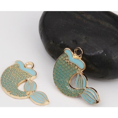 DoreenBeads Zinc Based Alloy Charms Mermaid Tail KC Gold Fuchsia Green Blue Enamel DIY Pendant 28mm(1 1/8") x 18mm( 6/8"), 5 PCs