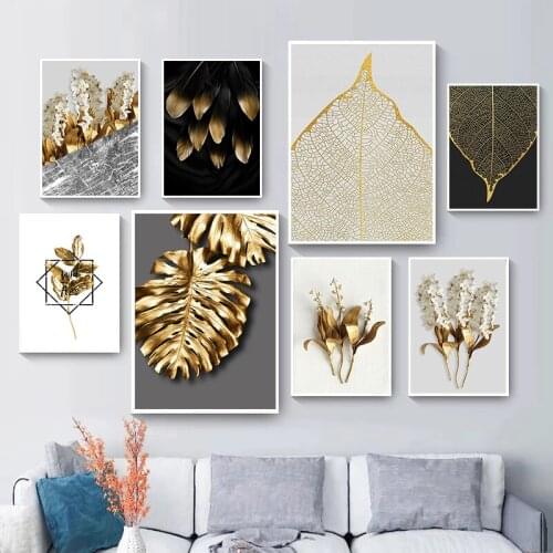 Nordic Gold Large Leaf Plant Picture Luxury Wall Art Home Decor Canvas Painting for Living Room Decor Background Wall Poster