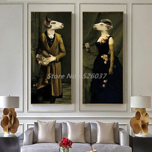 Retro Gentleman Lady Oil Paintings Nostalgia Animal Posters And Prints Decorative Wall Art Pictures For Living Room Home Decor