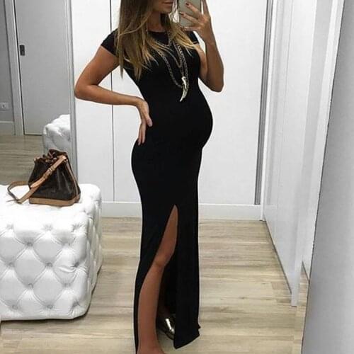 Fashion Women Summer dress Solid Tight-fitting long pregnant dresses Short Sleeve Open Fork Maternity Dress Maternity Dresses