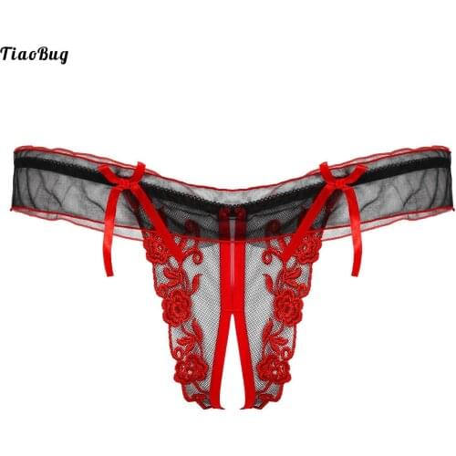 TiaoBug Men Flower Embroidery Crotchless Thongs Lace Trim Elastic Waistband T-Back Bowknot Sissy Gay Underpants Underwear