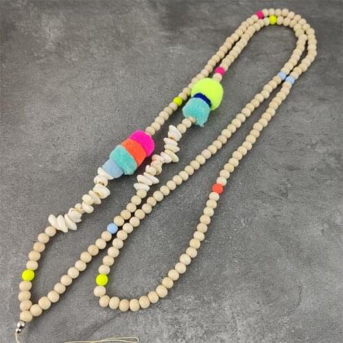 New Handmade Colorful Pompom beads long chain Mobile Chain Jewelry charm Bohemia necklace for phone hanger for Dropshipping