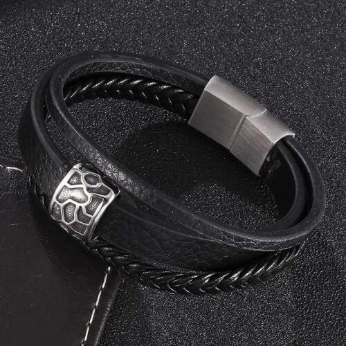 Charm Black Leather Multi-Layer Bracelet Stainless Steel Accessories Jewelry Magnetic Buckle Unisex Wrist Band Gifts ST0446