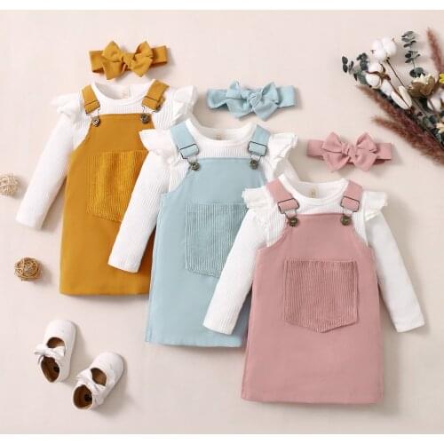 1-5Y Kids Girls Autumn Clothes Set Solid Color Ribbed Long Sleeve Pullover + Suspender Dress + Hairband 3Pcs Casual Outfits