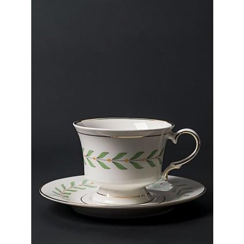 European Style Ins Popular Ceramic Coffee Cup Saucer Sets Luxurious Sample Green Leaves Printed Cups With Handgrip 150ML
