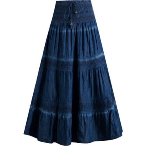 Casual Jeans Skirts Womens Denim Maxi Skirt Elastic High Waist Party Solid 2021 Long Summer Skirt Pleated Jupes Femininas