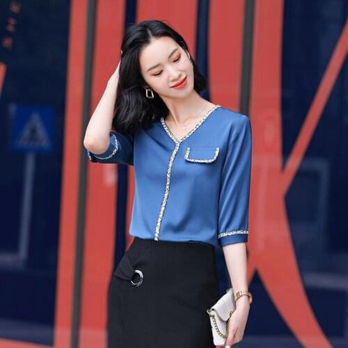 Plus Size 5XL Elegant Blue Half Sleeve Blouses Shirts for Women Fashion V-neck Business Work Wear Blouse Clothes Tops Blusa