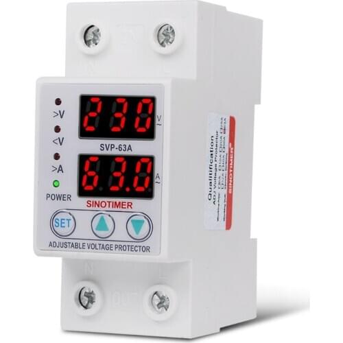Din Rail Adjustable 63A 230V Single Phase Over Under Voltage Protective Protector Relay with Over Current Protection