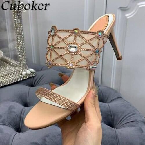 Women High Heel Slippers Rhinestone Decor Slingback Ladies Slides Summer Crystal Mules Brand Designer Wedding Dress Shoes Women