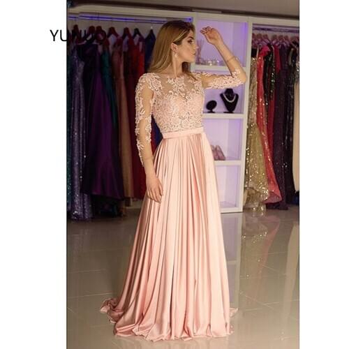 YUNUO O-neck Prom Evening Dress Three Quarter Sleeves Lace A-Line Formal Dresses Long robe de soiree Chiffon Party Gowns