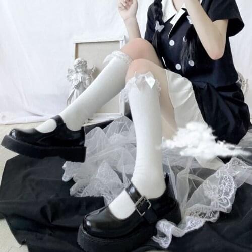 Women Lolita Lace Ruffle Frilly Knee High Socks Kawaii Sweet Bowknot Summer harajuku Stretch Solid Color Long Stockings Hosiery