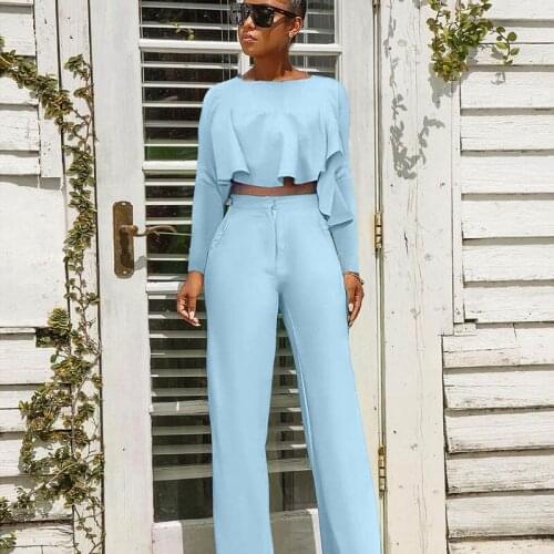 Work Wear Elegant 2 Piece Set Women 2021 Ruffles Long Sleeve Top and Pants Matching Sets Office Business Casual Uniform Outfits