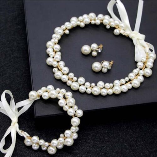Women Handmade Headbands Imitation Pearl Hair Jewelry Bridal Hair Accessories With Earrings Bracelet Wedding Jewellery Set